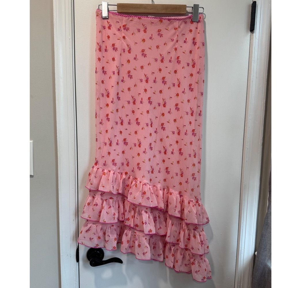 Urban Outfitters Kimchi Blue Pink Floral Asymmetrical Ruffle Midi Skirt Medium - Picture 3 of 6